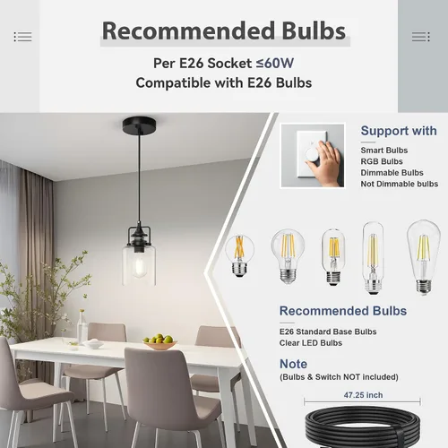 Miniatura 2 de Paquete de 3 Luces Colgantes para Isla de Cocina, Lámpara Colgante Negra Moderna, Luces de Isla de 47 Pulgadas, Cuerda Ajustable, Vidrio