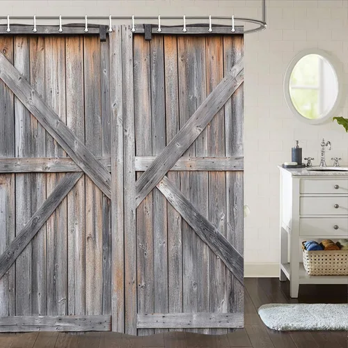 Miniatura 16 de Cortina de ducha de puerta de granero de madera rústica, 60 x 70 pulgadas, beige