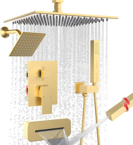 Miniatura 27 de Enga Sistema de ducha con chorros corporales de 12 pulgadas, ducha de lluvia montada en la pared y pulverizadores de mano de latón de cuerpo