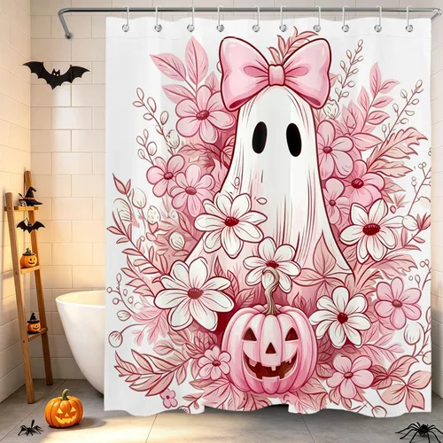 Miniatura 12 de HVEST Cortina de ducha de Halloween, linterna de calabaza y gnomo, cortina de ducha de baño, cortina de ducha de murciélago y araña, decorativa