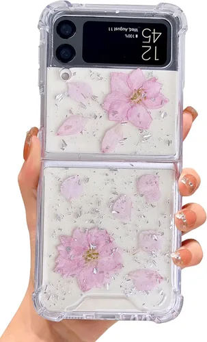 Miniatura 34 de Abbery Funda transparente para Samsung Galaxy Z Flip 3 5G, transparente y con diseño de purpurina bonita con purpurina floral prensada de Rosa