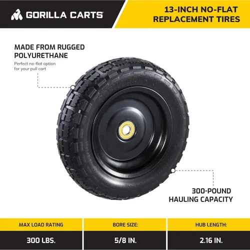 Miniatura 3 de Gorilla Carts Paquete de 2 Neumáticos de Repuesto Sin Pinchazos de 13 Pulgadas, Capacidad de 300 lb Cada Uno – Poliuretano Sólido, Cubo de 2.16