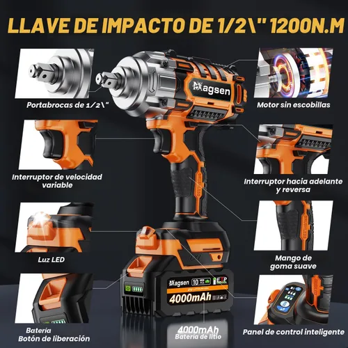 Miniatura 8 de Llave de impacto inalámbrica de 1/2 pulgada, pistola de impacto de alto par sin escobillas de 900 pies-libras (1200 N.m), 3800 RPM, 3 velocidades