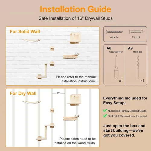 Miniatura 8 de Estantes de pared 5 en 1 para gatos de interior, muebles de gato montados en la pared con estación de alimentación y hamaca extra ancha, escalador