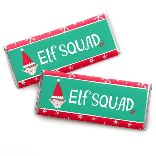 Big Dot of Happiness Elf Squad - Envoltura de barra de caramelo para niños, regalos de fiesta de cumpleaños y Navidad - Juego de 24