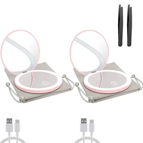 Miniatura 9 de Espejo compacto con luz LED, espejo recargable con aumento 1x/10x, 3.5 pulgadas, espejo de viaje regulable para bolso, bolsillo, espejo de Oro rosa
