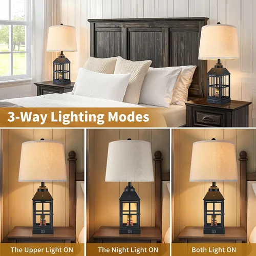 Miniatura 3 de Lámparas de mesa estilo granja de 25" para sala de estar, juego de 2 lámparas negras con puerto USB y luz nocturna, lámpara de mesa rústica