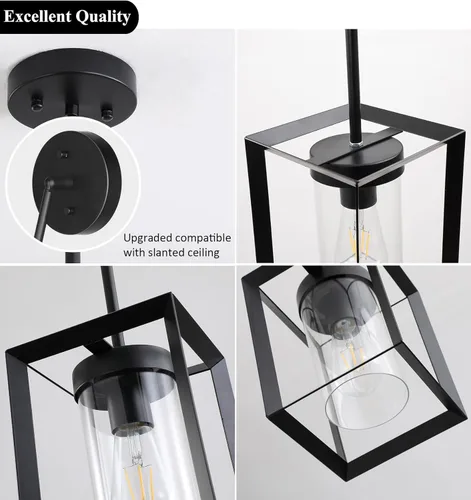 Miniatura 5 de Paquete de 1 lámpara colgante de isla de cocina negra de granja, altura ajustable, barra de metal colgante moderna con jaula de metal, pantalla