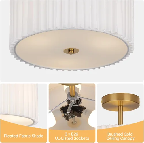 Miniatura 6 de Lámpara de techo moderna semiempotrada con pantalla de tela plisada, lámpara dorada de tambor de 12.5 pulgadas con luces, lámpara de lino blanco