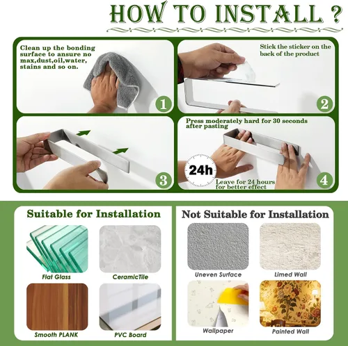 Miniatura 9 de Alise Toallero de mano autoadhesivo para toallas de baño, toallero de acero inoxidable SUS304, toallero para armario de cocina, lavabo lateral