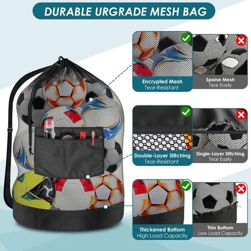 Miniatura 4 de BROTOU Bolsa de red para pelota de fútbol extragrande, bolsa de malla con cordón de 40 x 30 pulgadas con bolsillo con cremallera, bolsa
