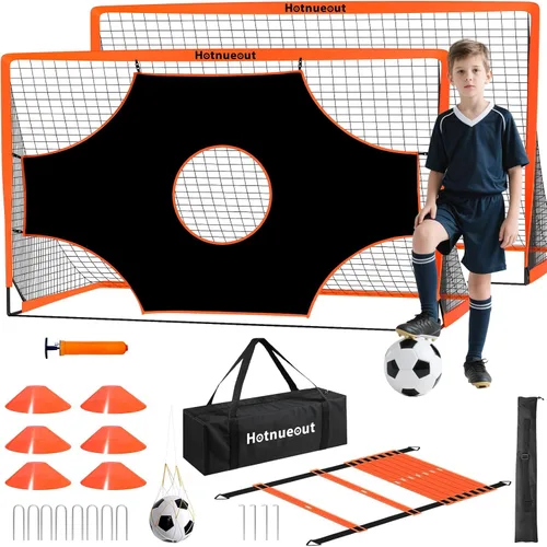 Paquete de 2 porterías de fútbol portátiles de 6 x 4 pies para niños, juego de red de fútbol juvenil desplegable con pelota, conos y escalera de