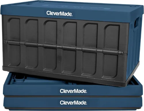 CleverMade Contenedores de almacenamiento plegables con tapas - Ocean paquete de 3, 62L - Contenedores de plástico apilables, cajas de organización