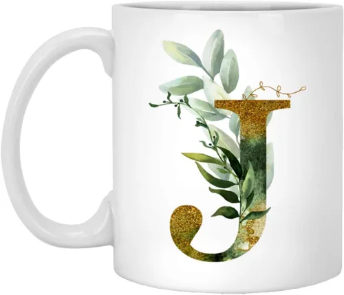 Alpha/J - Taza de café con letra J gráfica, monograma de letra del alfabeto, monograma J, dorado brillante, cualquier letra, alfabeto floral, té,