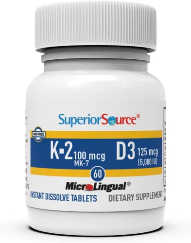 Miniatura 4 de Superior Source K2 (MK-7) 100 mcg, con suplemento D3 (5,000 UI), tabletas microlingües de disolución rápida, 60 unidades, fortalece los huesos