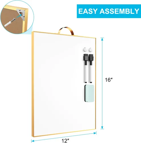 Miniatura 2 de TSJ OFFICE Pizarra blanca pequeña – Pizarra blanca portátil de aluminio dorado de 16 x 12 pulgadas, pizarra magnética de borrado en seco con asa