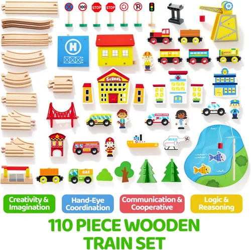 Miniatura 3 de Juego de trenes de madera de 110 piezas - Trenes magnéticos de juguete con pista de madera para niños de 3 a 8 años, set de ferrocarril de escena