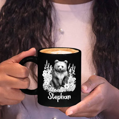 Miniatura 5 de Taza de café negra con diseño de oso de lápiz personalizada, regalo para los amantes de los osos, mamá y papá, taza de café de oso con dibujos