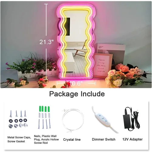 Miniatura 2 de jXIN Letreros de neón de espejo ondulado para decoración de pared, espejos decorativos irregulares montados en la pared con luces de neón regulables