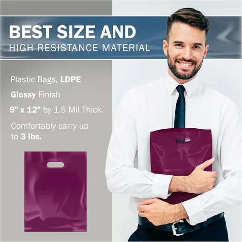 Miniatura 3 de PPB - Bolsas de plástico púrpura para mercancía de 9 x 12 pulgadas, acabado brillante, tamaño pequeño al por menor, paquete de 100, 1.5 mil
