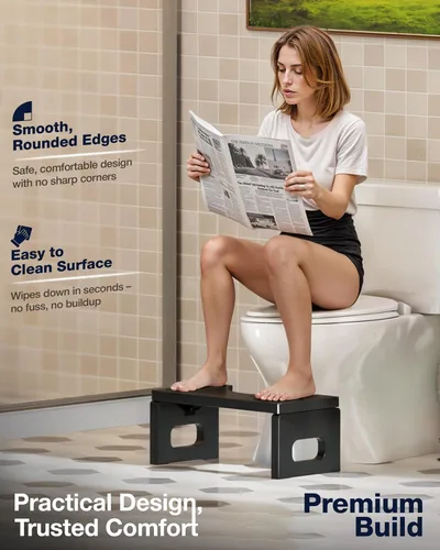 Miniatura 5 de BLUEWEST Taburete de Inodoro Plegable, Taburete de Caca de Madera de Acacia para Entrenamiento de Orinal, Escalón de Baño Antideslizante de 7 Negro