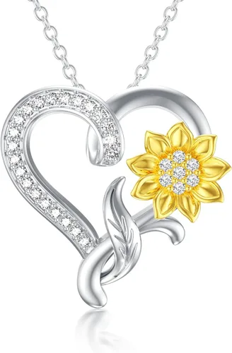 Moissanite Sunflower Heart Necklace for Women, You Are My Sunshine Pendant 925 Sterling Silver 18k Gold Plated Love Heart Jewelry Gift for Her,Wife,