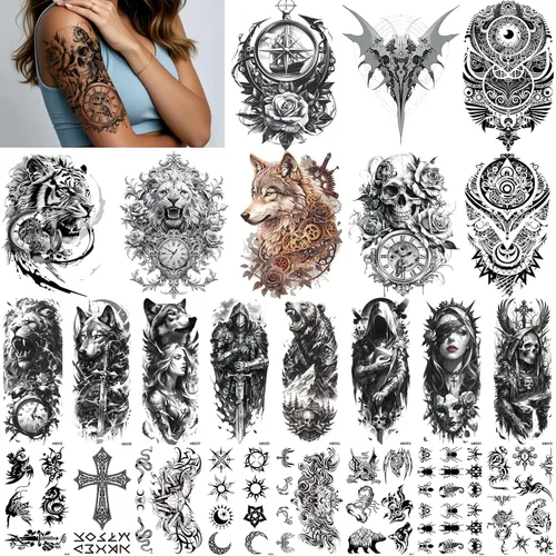Miniatura 11 de Aresvns Calcomanías de tatuaje temporales realistas, 16 hojas de tatuajes falsos para hombres o mujeres con 8 hojas de tatuajes negros pequeños