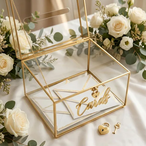 Miniatura 5 de Caja de tarjetas de boda con cierre de corazón, caja de tarjetas de vidrio de metal grande con marco dorado para recepción de fiestas, bodas, baby