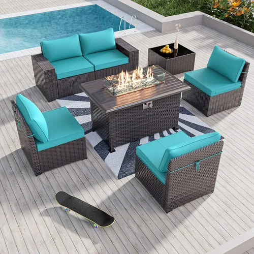 Miniatura 63 de Kullavik Juego de 13 muebles de patio al aire libre con mesa de fogata de gas propano de 43 pulgadas, 55000 BTU, mimbre de polietileno, sofá Arena
