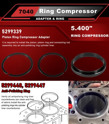 Miniatura 6 de 7040 Herramienta de compresor de anillo de pistón, adaptador de compresor de anillo de pistón y kit de anillo antipulido para Cummins ISX QSX 15