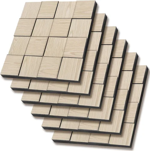 Paneles de pared acústicos de tablero de ajedrez, paquete de 6 paneles de pared 3D de ceniza natural que absorben el sonido, 15.7 x 15.7 pulgadas,