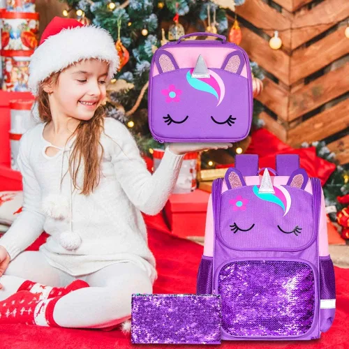 Miniatura 11 de KLFVB Mochila de 3 piezas para niñas y niños, bolsa de libros de dinosaurio de unicornio de 15 pulgadas con lonchera, bolsa escolar preescolar