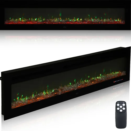 Chimenea eléctrica montada en la pared y empotrada de 72 pulgadas con control remoto temporizador de 8 horas, 12 llamas, pantalla táctil, calentador