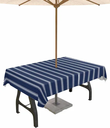 Miniatura 8 de Mantel para exteriores a rayas azul marino, mantel redondo de 60 pulgadas, diseño de rayas blancas y azul marino, impermeable, con agujero