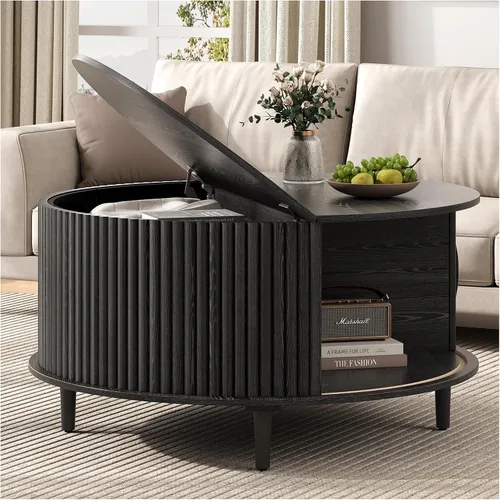 Miniatura 10 de SULIVES Mesa auxiliar ovalada con almacenamiento, mesa de centro multifuncional con tambor elevable, pequeña mesa central acanalada para sala