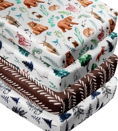 Juego de 4 sábanas ajustadas para cuna con diseño de animales del bosque, neutras en madera, unisex, para bebés niños o niñas