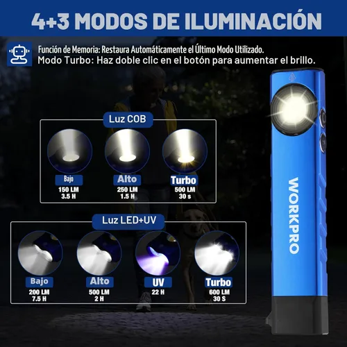 Miniatura 6 de WORKPRO linterna recargable de trabajo, linterna de bolsillo plana de 600 lúmenes con luz UV, base magnética y clip, linterna LED EDC delgada