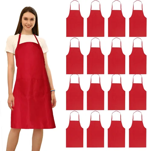 Juego de 16 delantales rojos con babero liso a granel para mujeres, hombres y adultos con 2 bolsillos - Delantales de chef, cocina, pintura,