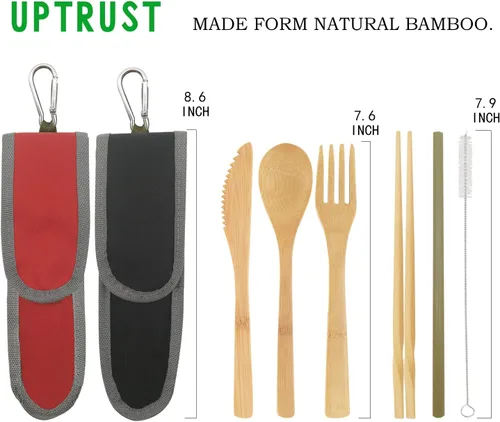 Miniatura 3 de UPTRUST Juego de 2 cubiertos de bambú de bambú reutilizable de bambú orgánico, tenedor, cuchillo, cuchara, palillos, cepillo de limpieza