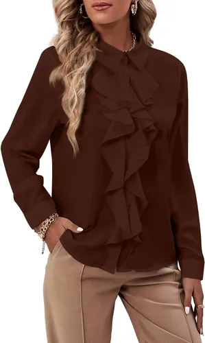 Miniatura 28 de LYANER - Blusa de manga larga con cuello de botón y volantes en la parte delantera para mujer