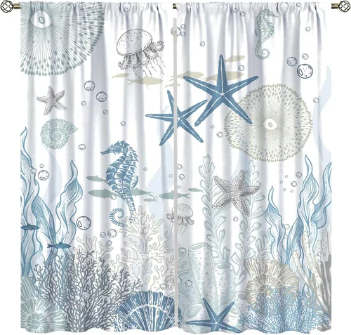 Miniatura 13 de Cortinas de decoración de playa con océano azul, peces náuticos costeros playeros de verano, conchas marinas, temática infantil, dormitorio, sala