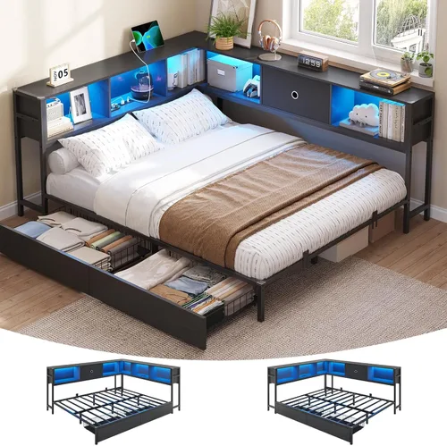 Miniatura 11 de DICTAC Marco de cama esquinero con 2 cajones de almacenamiento y cabecero de estantería individual XL, marco de cama de plataforma de metal con Negro