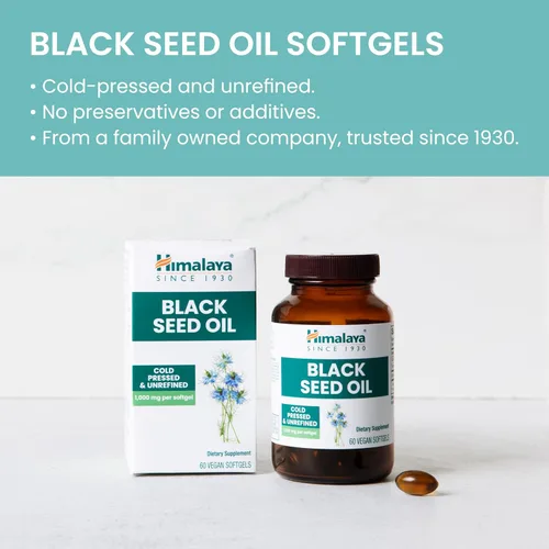 Miniatura 3 de Himalaya Cápsulas Blandas de Aceite de Semilla Negra, Aceite de Semilla Negra Prensado en Frío y Sin Refinar para el Bienestar, Sin OGM, Vegano, Sin