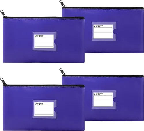 Miniatura 9 de Paquete de 4 bolsas de dinero para depósitos bancarios, cartera de cuero sintético resistente con cremallera con ventana transparente, bolsa