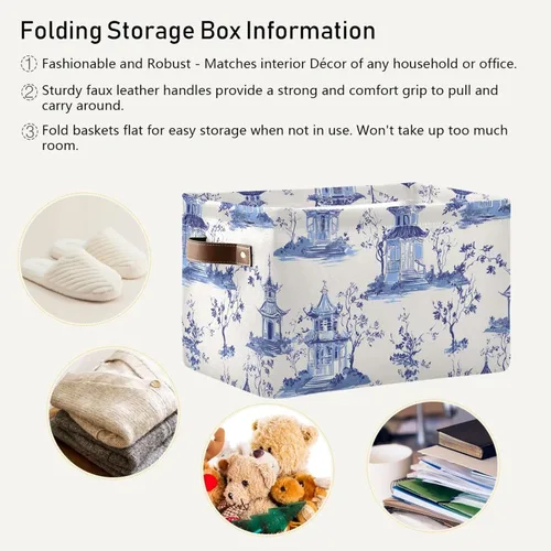 Miniatura 5 de susiyo Cestas de almacenamiento grandes de tela de estilo chinoiserie, con asas de poliuretano para estantes, hogar, armario, dormitorio, sala