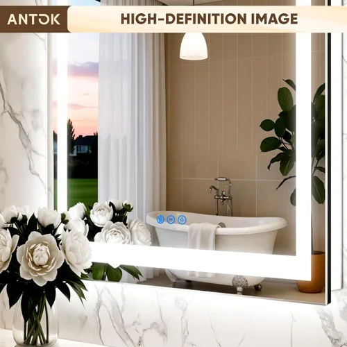 Miniatura 3 de Antok Espejo LED de baño, espejo LED con luces para baño, espejos de tocador iluminados para pared, antivaho, regulable, vidrio templado, función