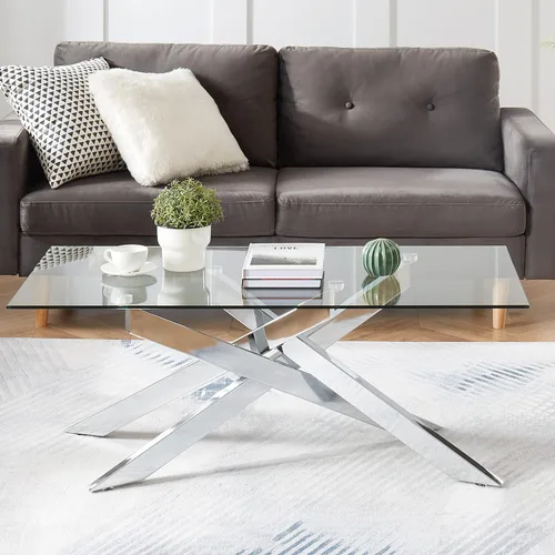 Miniatura 3 de Mesa de centro rectangular moderna, tapa de vidrio templado y pata tubular de metal, 47.3 pulgadas de largo x 23.6 pulgadas de ancho x 18.1 pulgadas