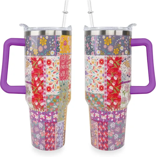 Miniatura 11 de Sunmdecor Vaso de 40 oz con asa y pajitas de silicona, vaso aislado para café con asa, vaso de 40 oz con asa