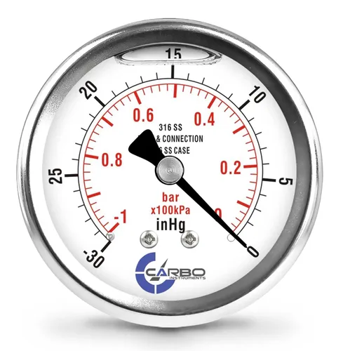 Miniatura 30 de Medidor de presión relleno de líquido de 300 PSI, dial de 2.5 pulgadas, montaje trasero 1/4 NPT, estuche 316 SS, 316 piezas mojadas SS, PSI/barra