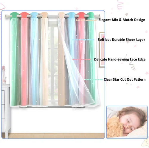 Miniatura 7 de Cortinas Opacas con Corte de Estrella Arcoíris para Dormitorio de Niñas - Doble Capa con Ojales Superiores para Sala de Estar, 2 Paneles